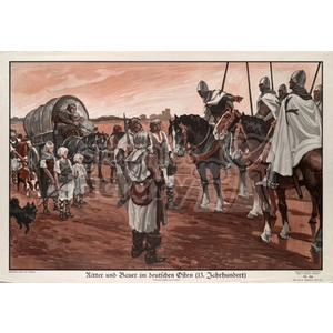 This clipart image depicts a medieval scene featuring knights and peasants in the German East during the 13th century. The image shows armored knights on horseback interacting with peasants, who are accompanied by a horse-drawn cart. The peasants include men, women, and children.