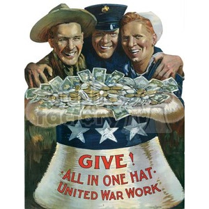 Vintage propaganda poster showing three smiling soldiers representing different armed forces. The soldiers are gathered around an oversized hat filled with money and coins with the text 'GIVE! ALL IN ONE HAT - UNITED WAR WORK' written underneath.