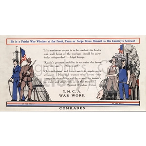 A vintage Y.M.C.A. war work poster promoting patriotism and the importance of workers on the front lines, farms, and in factories. The image features soldiers, farmers, and factory workers alongside quotes from notable figures such as Lloyd George, Prince Lvoff, and President Woodrow Wilson.
