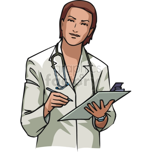 A clipart image of a medical professional wearing a lab coat and holding a clipboard, with a stethoscope around their neck.