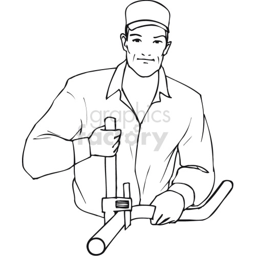 Clipart illustration of a man wearing a cap and holding pipe wrenches, indicative of a plumbing or mechanical worker.