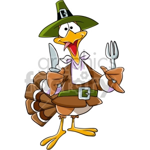 cartoon Thanksgiving turkey holding silverware ready for dinner