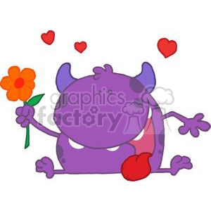 funny purple spotted Monster with a one red flower in hand