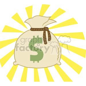 A clipart image of a money bag with a green dollar sign, tied with a brown rope, and surrounded by yellow rays.