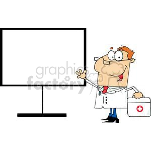 Clipart image of a cartoon doctor with glasses and a briefcase pointing to a blank presentation board.