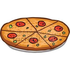 A clipart image of a pizza cut into six slices. The pizza has a thin crust, topped with cheese, slices of tomato, and green herbs.