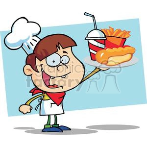 Happy Cartoon Kid Chef with Fast Food