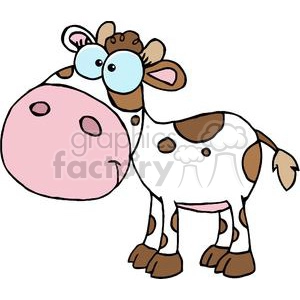 The image is a clipart of a cartoonish, cute cow, characterized by large, exaggerated eyes, and a happy expression. It is a stylized representation of a baby cow with a comical charm. The cow has spots on its body, which is typical for certain breeds of cows.