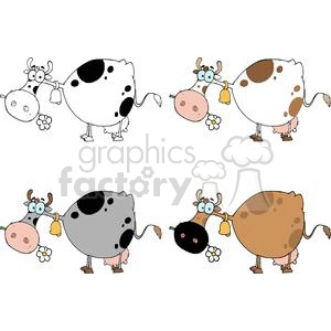 This clipart image features a collection of six comical cartoon cows in various poses. Each cow has a humorous and exaggerated expression. They are depicted with oversized features like big eyes and bells around their necks, adding to the whimsical and humorous nature of the illustration. The cows vary in colors and patterns, including typical black and white as well as brown spots, and have flowers in their mouth