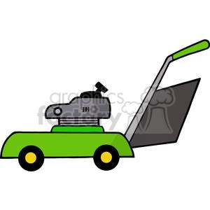 A clipart image of a green lawnmower with yellow wheels and a black handle, depicted in a simple, cartoon-like style.