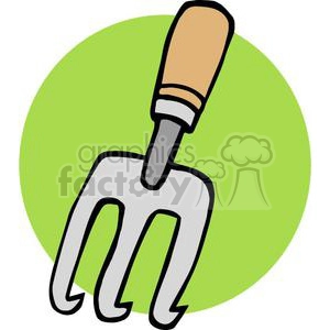 Clipart image of a garden hand fork with a wooden handle against a green circular background.
