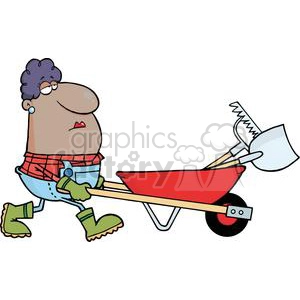 A cartoon person wearing a red plaid shirt, blue overalls, green gloves, and green boots, pushing a red wheelbarrow filled with gardening tools, namely a shovel and a saw.