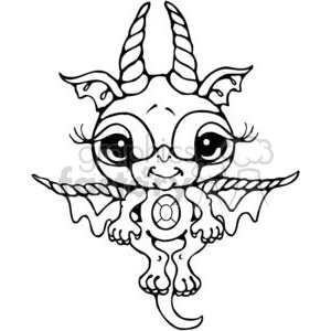 The clipart image depicts a cute, stylized baby dragon. The dragon has large, expressive eyes, horns on its head, tiny wings, and a long tail. It also features a whimsical design with a circular motif on its belly, suggesting a cartoonish or fantasy theme.