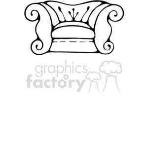 A black and white clipart illustration of an armchair with a cushioned back and rolled armrests. The chair design includes decorative swirls and stitching details.