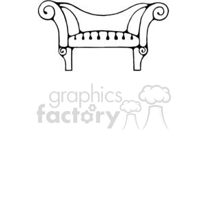 A black and white clipart image of a vintage sofa with curled armrests and an elegant design.