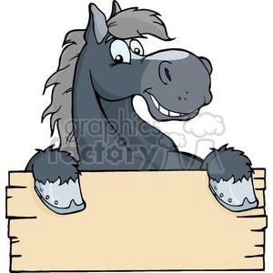 A cartoon-style black horse holding a wooden blank sign with its hooves, looking cheerful.