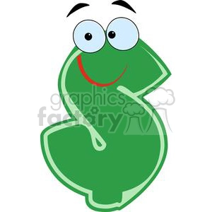 Clipart image featuring a green dollar sign ($) character with big blue eyes, a red smile, and eyebrows, giving it a friendly and animated appearance.