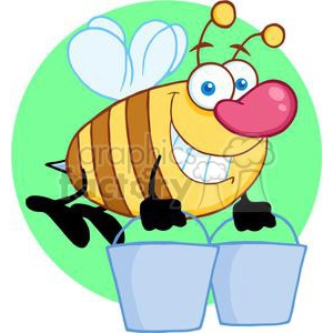 A cheerful cartoon bee with blue eyes and a big pink nose carrying two blue buckets, set against a green circular background.