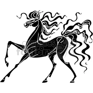 A stylish black-and-white vector illustration of a horse with flowing mane and tail, demonstrating elegance and movement.