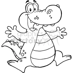 The image is a cartoon-style drawing of a black and white crocodile with its arms outstretched. Its mouth is open in a large, toothy smile.