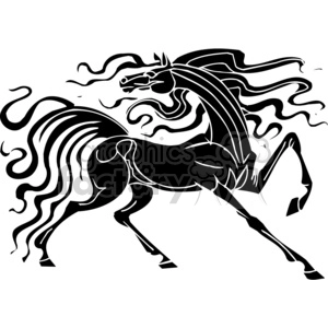 A dynamic, stylized black and white clipart illustration of a fierce rearing horse with flowing mane and tail.