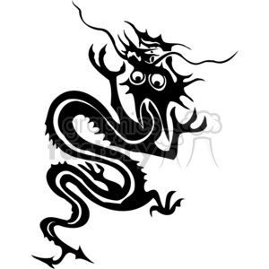 This image displays a stylized, black and white Chinese dragon. It features the dragon in a dynamic, serpentine pose with its head turned towards the viewer, showcasing prominent eyes, horns, swirling whiskers, and a vigorously detailed body with scales and claws.