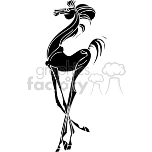 A stylized black and white clipart illustration of a horse with an elongated body and exaggerated features, seemingly mid gallop 