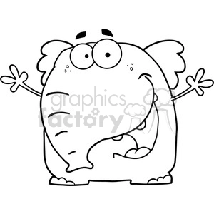 This is a black and white clipart image of a cartoon elephant character. The character appears funny with exaggerated features such as large eyes and a wide, open mouth. Its arms are spread out as if it's gesturing or expressing surprise.