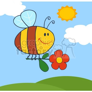 A colorful clipart image of a happy bee holding a red flower with green leaves in its legs, flying in a bright blue sky with white clouds and a yellow sun above green hills.