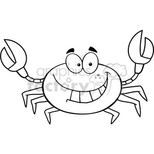 This clipart image features a stylized depiction of a crab. The crab has a comical and friendly appearance, with big, expressive eyes, a wide smile showing teeth, and cartoonish claws raised as if gesturing or ready for a friendly encounter. Its body is round, and the legs and claws exhibit a simplified design commonly used in cartoon depictions of animals to add to the playful nature of the image.