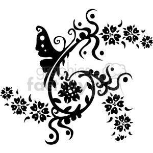 A black and white clipart image featuring intricate floral and butterfly designs with swirling patterns.