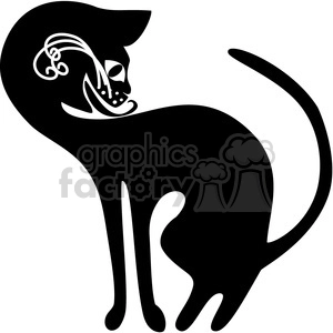 This clipart image features a black cat that appears to be in the act of licking or cleaning itself. Its head is turned towards its body as it carries out this common feline grooming behavior. The image is a stylized black and white illustration, emphasizing the silhouette and key features of a domestic cat.
