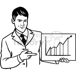 The clipart image depicts a black and white illustration of a business setting. A man in a suit, likely a sales professional or employee, is standing in front of a chart with graphs showing profits and growth. He may be presenting this information at a meeting to a group that includes a CEO or other executives. The image suggests a focus on the financial success and performance of the business.
