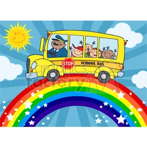 5051-Clipart-Illustration-of-School-Bus-With-Happy-Children-Around-Rainbow