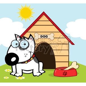 12819 RF Clipart Illustration Smiling Bull Terrier With A Bone In His Dish Outside His Dog House