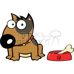 12818 RF Clipart Illustration Smiling Brown Bull Terrier Dog With Bowl And Bone