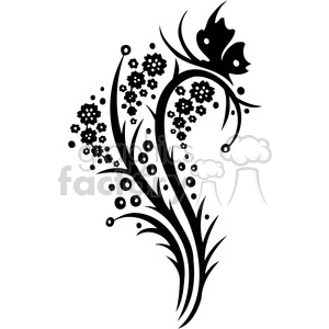 This clipart image features a silhouette of floral elements with swirling stems, small flowers, and a butterfly resting at the top.