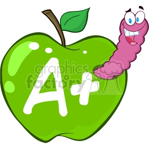 4943-Clipart-Illustration-of-Happy-Worm-In-Green-Apple-With-Leter-A-Plus