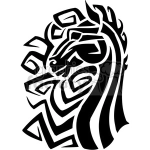 Black and white tribal-style illustration of a horse head with bold, abstract lines and curves.