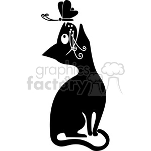The image is a black and white silhouette clipart of a black cat looking up at a butterfly. The cat appears to be seated, with intricate designs and swirls within its form that suggest whiskers and other facial details. The butterfly is also stylized, with similar decorative elements and appears to be hovering right above the cat's ear.