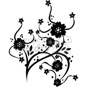 A decorative black and white floral clipart design featuring abstract flowers, leaves, and swirling vines.