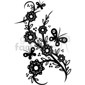 A stylized black and white clipart image featuring intricate flowers and butterflies.