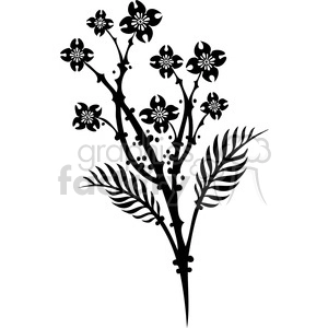 A black and white clipart image of a floral design with blooming flowers and leaves.