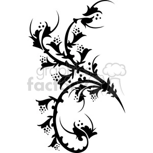 This clipart image features an intricate, black and white floral design with sharp, curving vines and dotted floral elements.