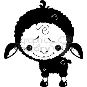 A cute and whimsical black and white clipart image of a little lamb with a playful expression and curly wool, wearing small shoes.
