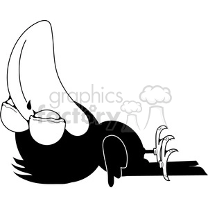 Black and white clipart image of a cartoon crow bird lying down with its beak pointing upwards.