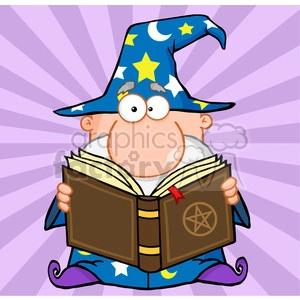A cartoon wizard wearing a blue hat with stars and moons, holding an open magic book with a pentagram on the cover. The background features a purple, radial burst pattern.