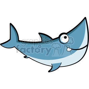 This is an image of a stylized, cartoonish shark which is designed in a simple and friendly manner. The shark has an exaggerated large eye and a big smile, indicating that it's likely meant for a child-friendly audience or to convey a non-threatening representation of a shark.
