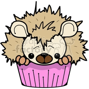 A cute cartoon hedgehog with spiky fur peeking out of a pink cupcake liner.