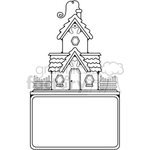 A black and white clipart image of a whimsical house with intricate designs, featuring a steep roof, ornate windows, and a blank sign below it for customizable text.